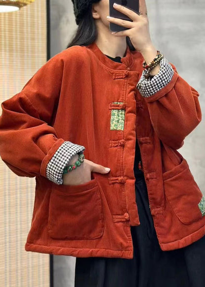Luvik | Oranssi kiinalainen nappi samettinen ribattu takki täytetty hienolla puuvillalla talvi