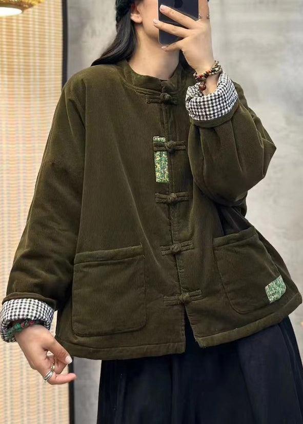 Luvik | Oranssi kiinalainen nappi samettinen ribattu takki täytetty hienolla puuvillalla talvi