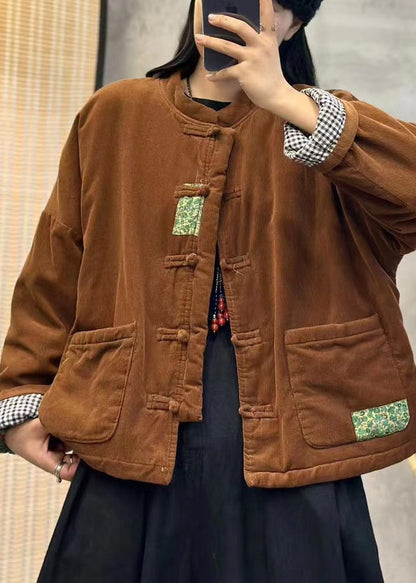 Luvik | Oranssi kiinalainen nappi samettinen ribattu takki täytetty hienolla puuvillalla talvi