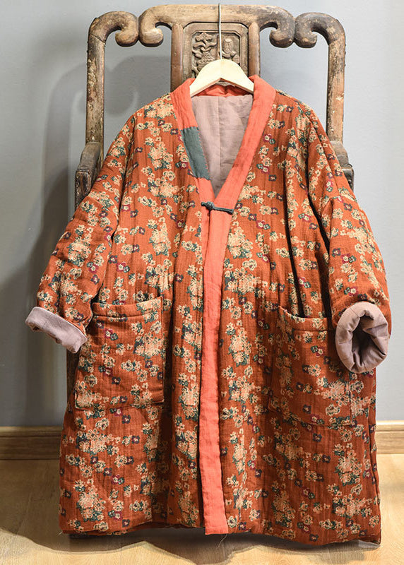 Luvik | Lilas V-Leikkaus Taskut Painettu Puuvilla Tumma Talvitakit Täytetty