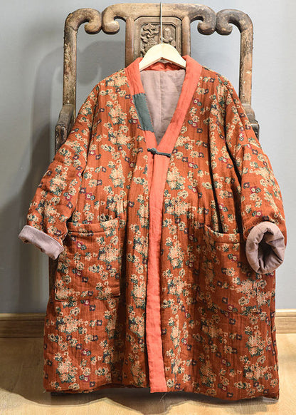 Luvik | Lilas V-Leikkaus Taskut Painettu Puuvilla Tumma Talvitakit Täytetty