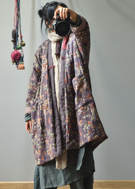 Luvik | Lilas V-Leikkaus Taskut Painettu Puuvilla Tumma Talvitakit Täytetty