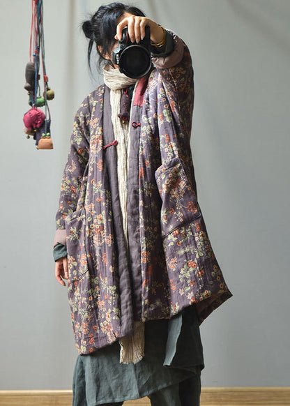 Luvik | Lilas V-Leikkaus Taskut Painettu Puuvilla Tumma Talvitakit Täytetty