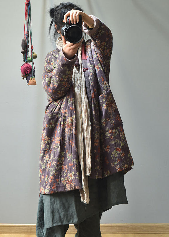 Luvik | Lilas V-Leikkaus Taskut Painettu Puuvilla Tumma Talvitakit Täytetty