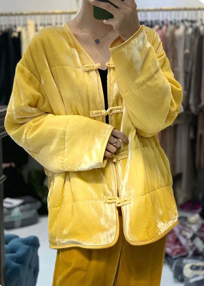 Luvik | Keltainen V-kaulus takki Ohut Puuvilla Täytetty Talvi