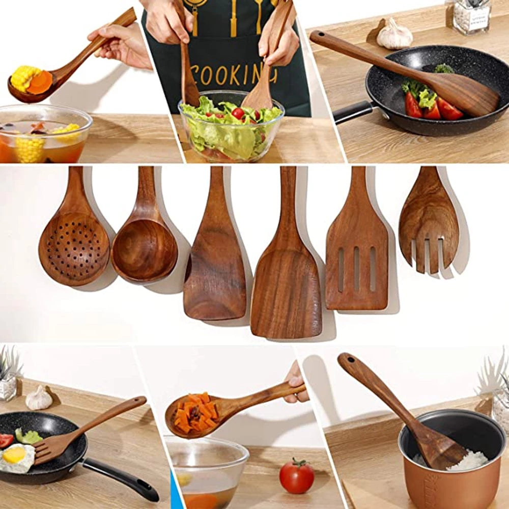 Luvikno | Elegant Økologisk Teak Kjøkkenredskap Samling for Hver Kokk - Non-Scratch & Easy to Clean