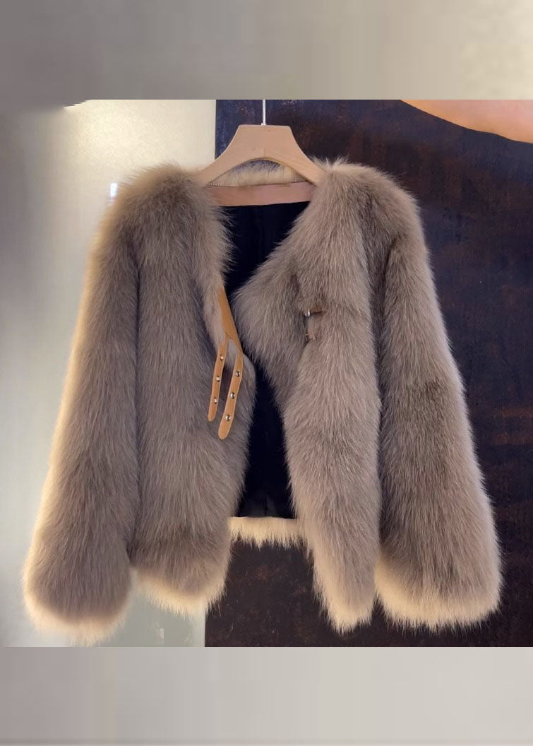 Luvik | Ruskea nahka- ja turkkitakki V-pääntällä