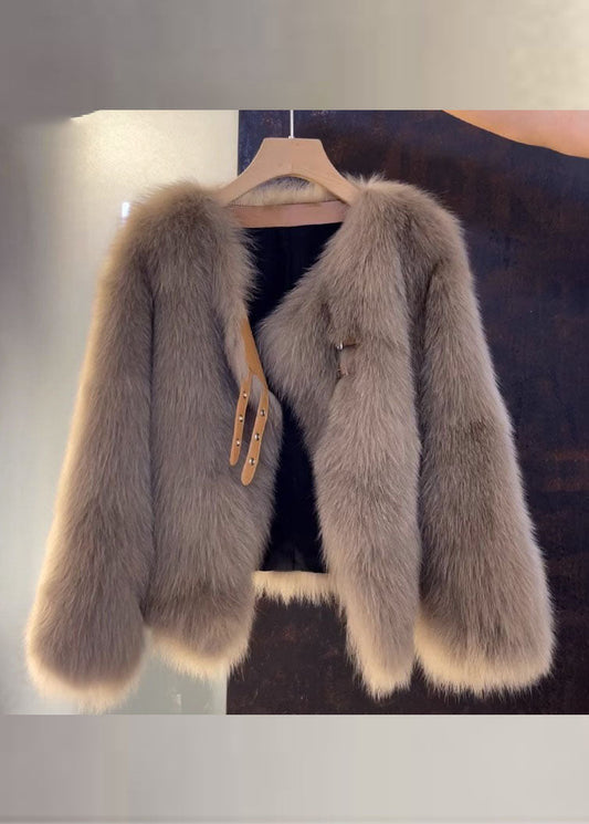 Luvik | Ruskea nahka- ja turkkitakki V-pääntällä