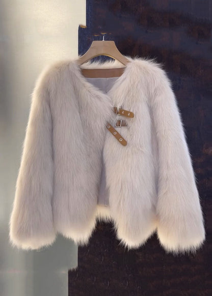 Luvik | Ruskea nahka- ja turkkitakki V-pääntällä