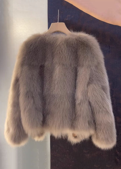 Luvik | Ruskea nahka- ja turkkitakki V-pääntällä