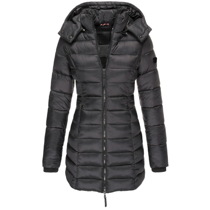 Schwarz daunenjacke mit kapuze und reißverschluss