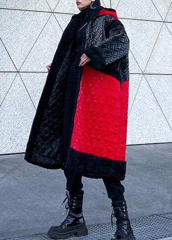 Luvik | Suuri koko takki untuvatakki huppu patchwork punainen rento asu