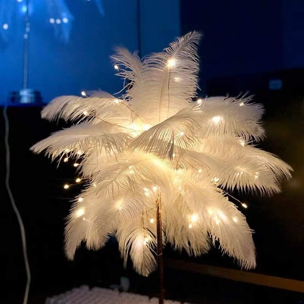Ostrich Night Light | Eccentrisk Lampe med Fjær og Rose Gull Base | Luvikno
