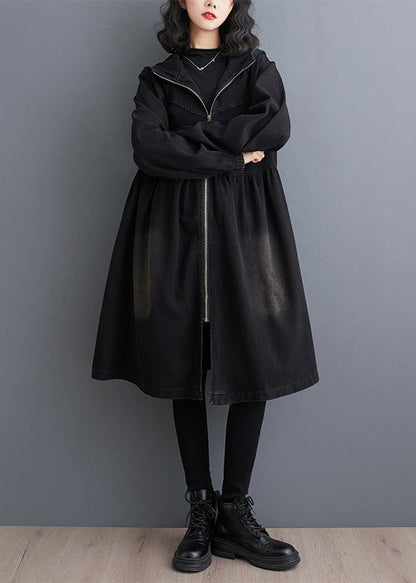 Luvik | Peter-Pan-musta denim-kankaan pitkä trenssi vetoketjulla