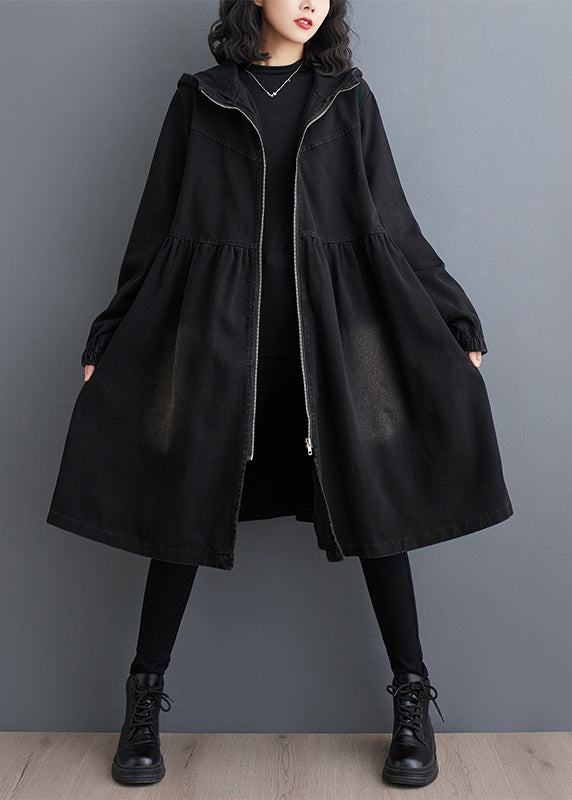 Luvik | Peter-Pan-svart denim-stoff lang trenchcoat med glidelås