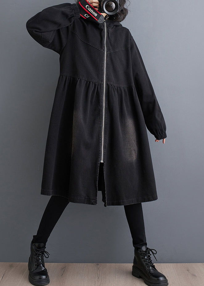 Luvik | Peter-Pan-svart denim-stoff lang trenchcoat med glidelås