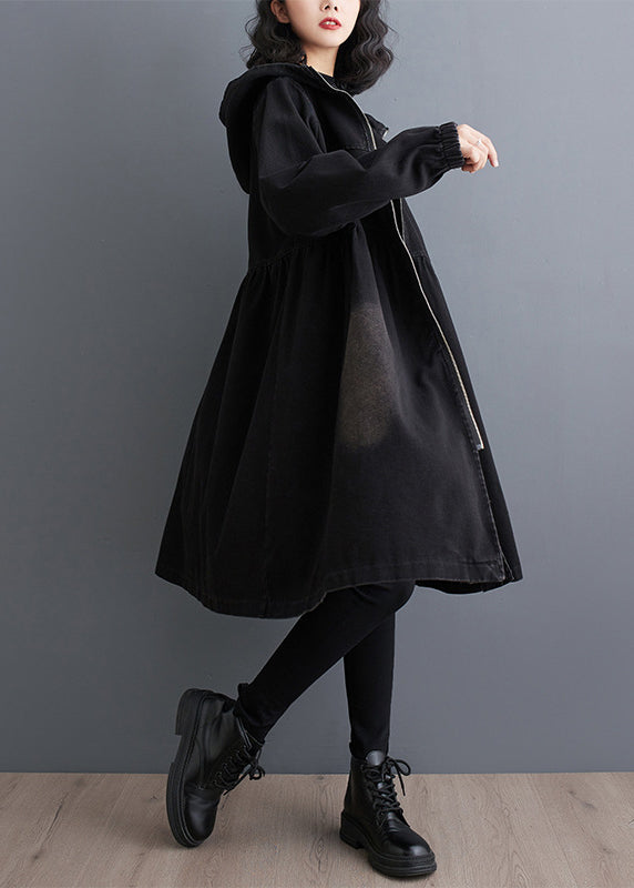 Luvik | Peter-Pan-musta denim-kankaan pitkä trenssi vetoketjulla