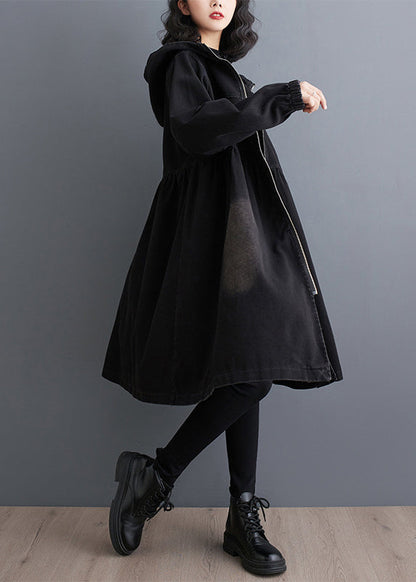 Luvik | Peter-Pan-musta denim-kankaan pitkä trenssi vetoketjulla