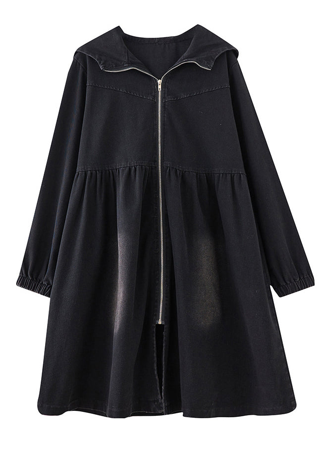 Luvik | Peter-Pan-svart denim-stoff lang trenchcoat med glidelås