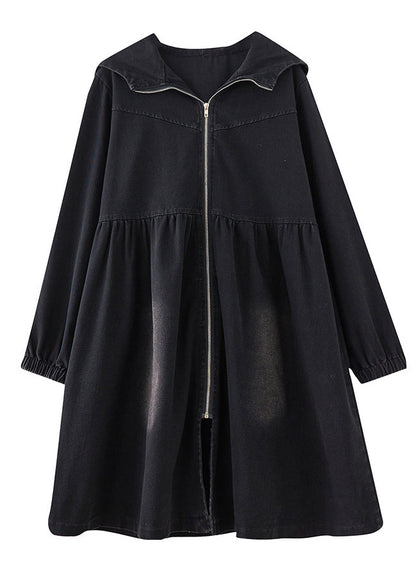 Luvik | Peter-Pan-musta denim-kankaan pitkä trenssi vetoketjulla