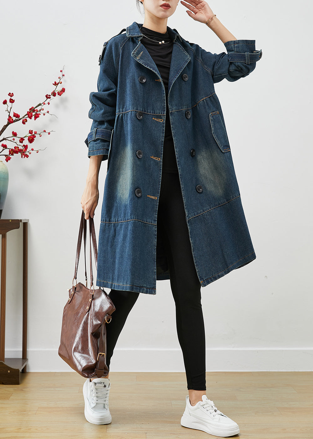Luvik | Blauer Store størrelser to-raders denim-trenchcoats