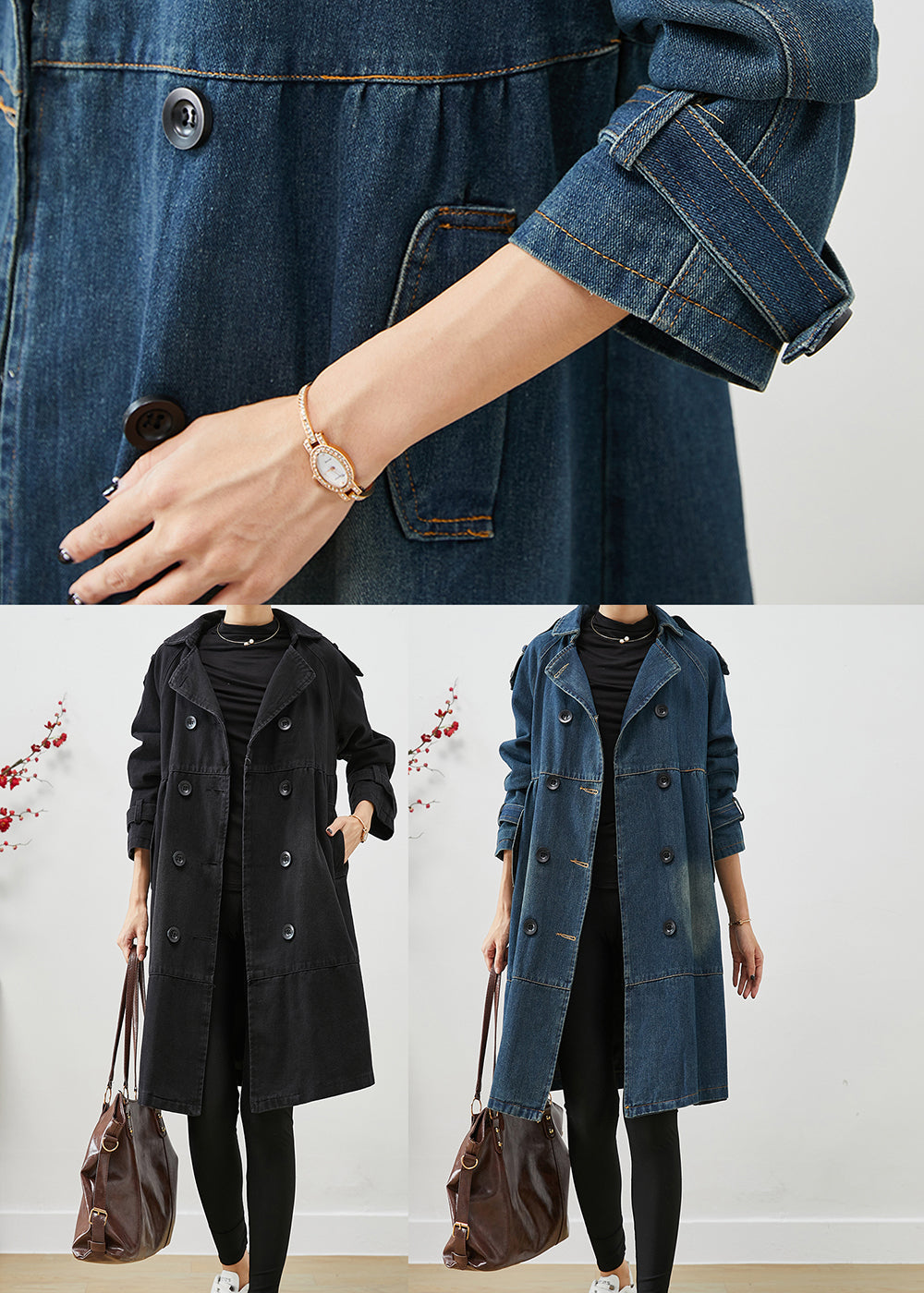 Luvik | Blauer Store størrelser to-raders denim-trenchcoats