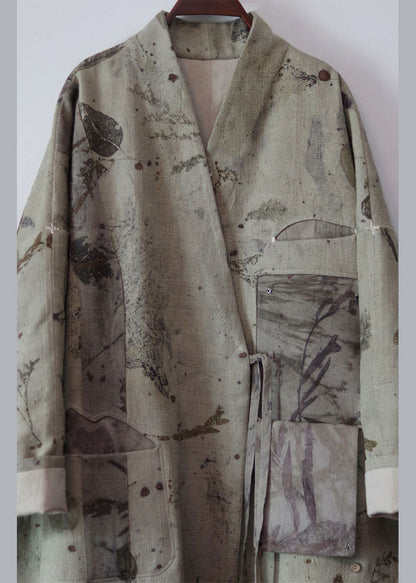 Luvik | Tummanharmaa V-aukko Nauhatyö Patchwork Puuvilla Takit Trench Pitkät