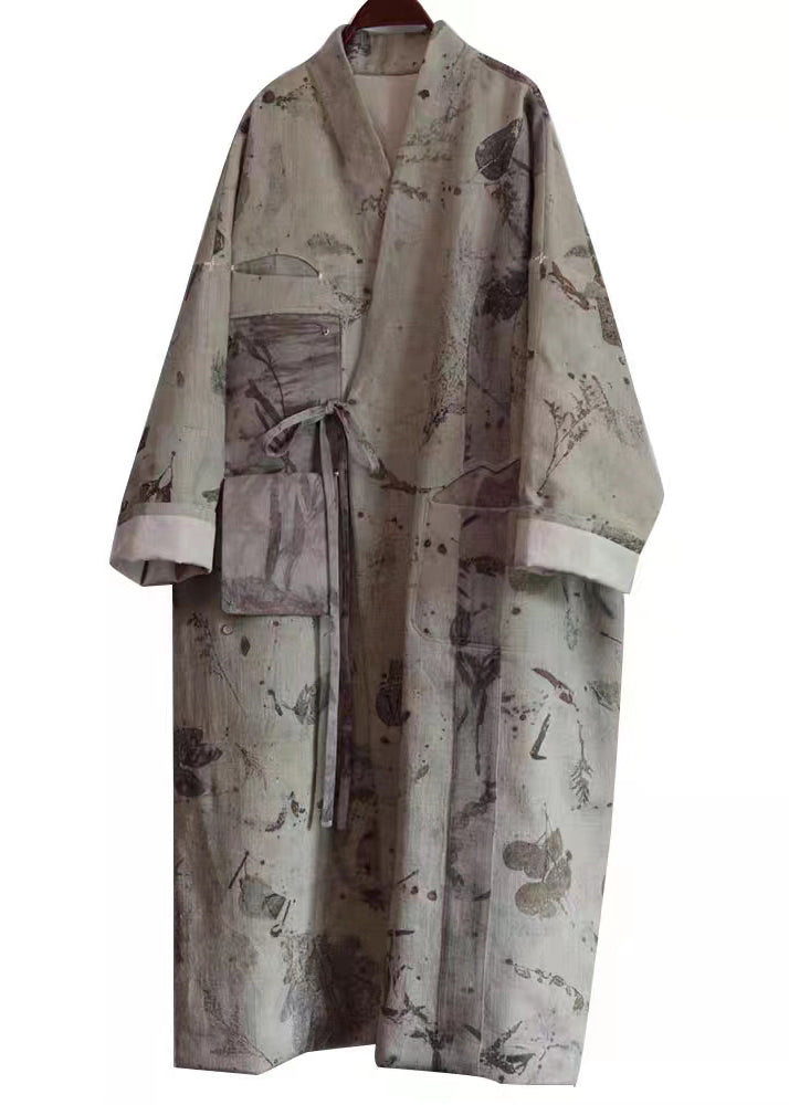 Luvik | Tummanharmaa V-aukko Nauhatyö Patchwork Puuvilla Takit Trench Pitkät