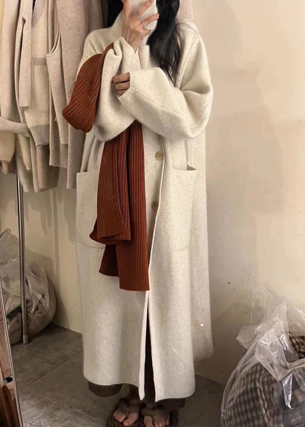 Luvik | Pink Korkea Kaulus Napitus Taskut Puuvilla Neuleet Takit Pitkät Pitkät Hihat