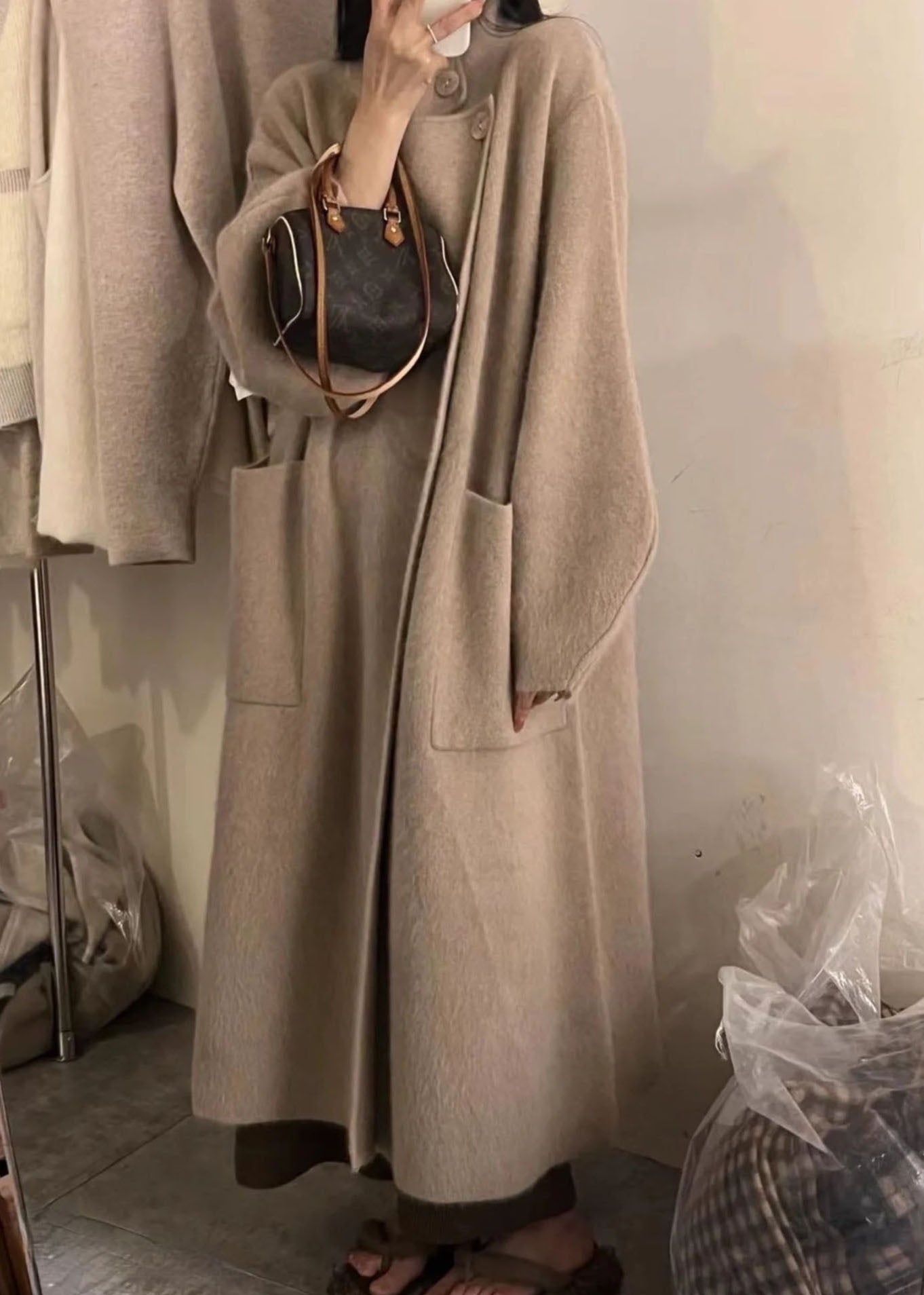 Luvik | Pink Korkea Kaulus Napitus Taskut Puuvilla Neuleet Takit Pitkät Pitkät Hihat