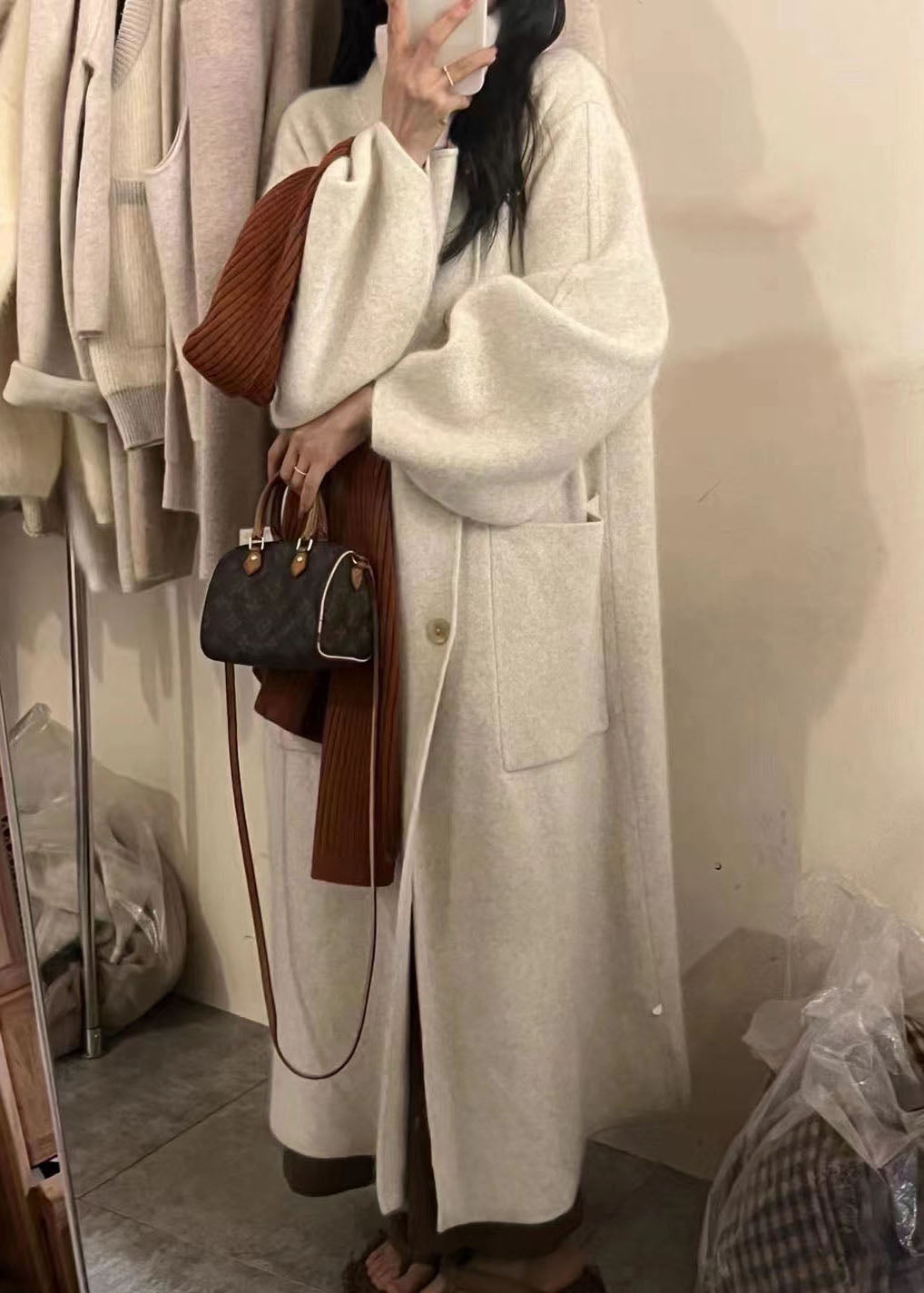 Luvik | Pink Korkea Kaulus Napitus Taskut Puuvilla Neuleet Takit Pitkät Pitkät Hihat