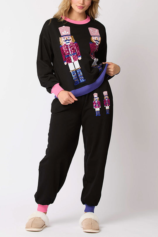 Luvik | Joulupukki, paljetti, vapaa-ajan collegepaita ja joustavat vyötärö, löysät taskuhousut setti