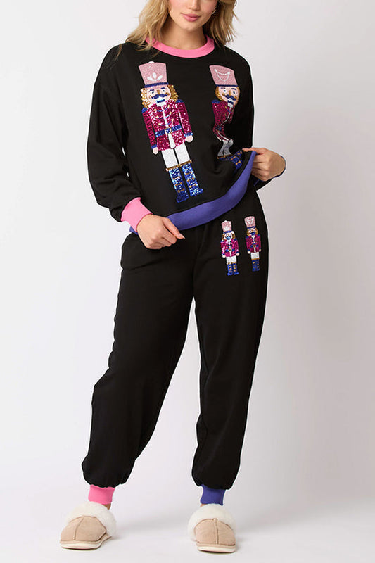 Luvik | Joulupukki, paljetti, vapaa-ajan collegepaita ja joustavat vyötärö, löysät taskuhousut setti