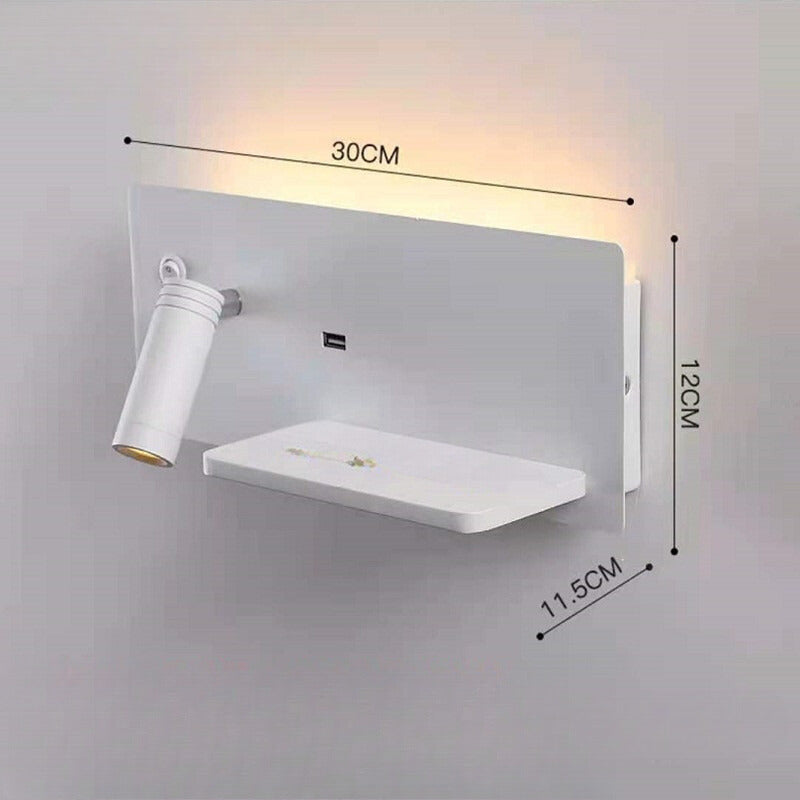 Moderne LED vegglampe med USB-tilkobling, vegglampe med hylle for soverom og kontor | Luvikno