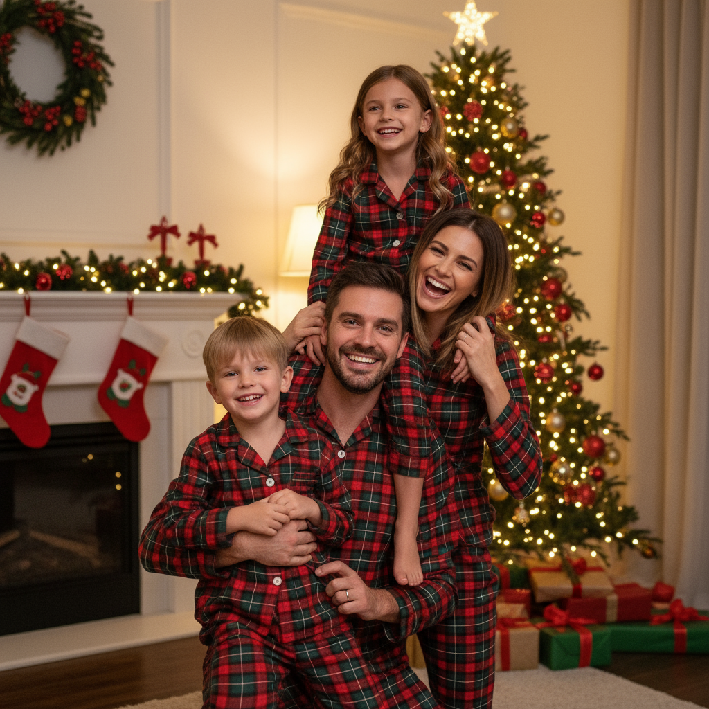 Luvik | Joulun punainen ja vihreä ruudullinen nappisuljenta perhe-iltapuvut