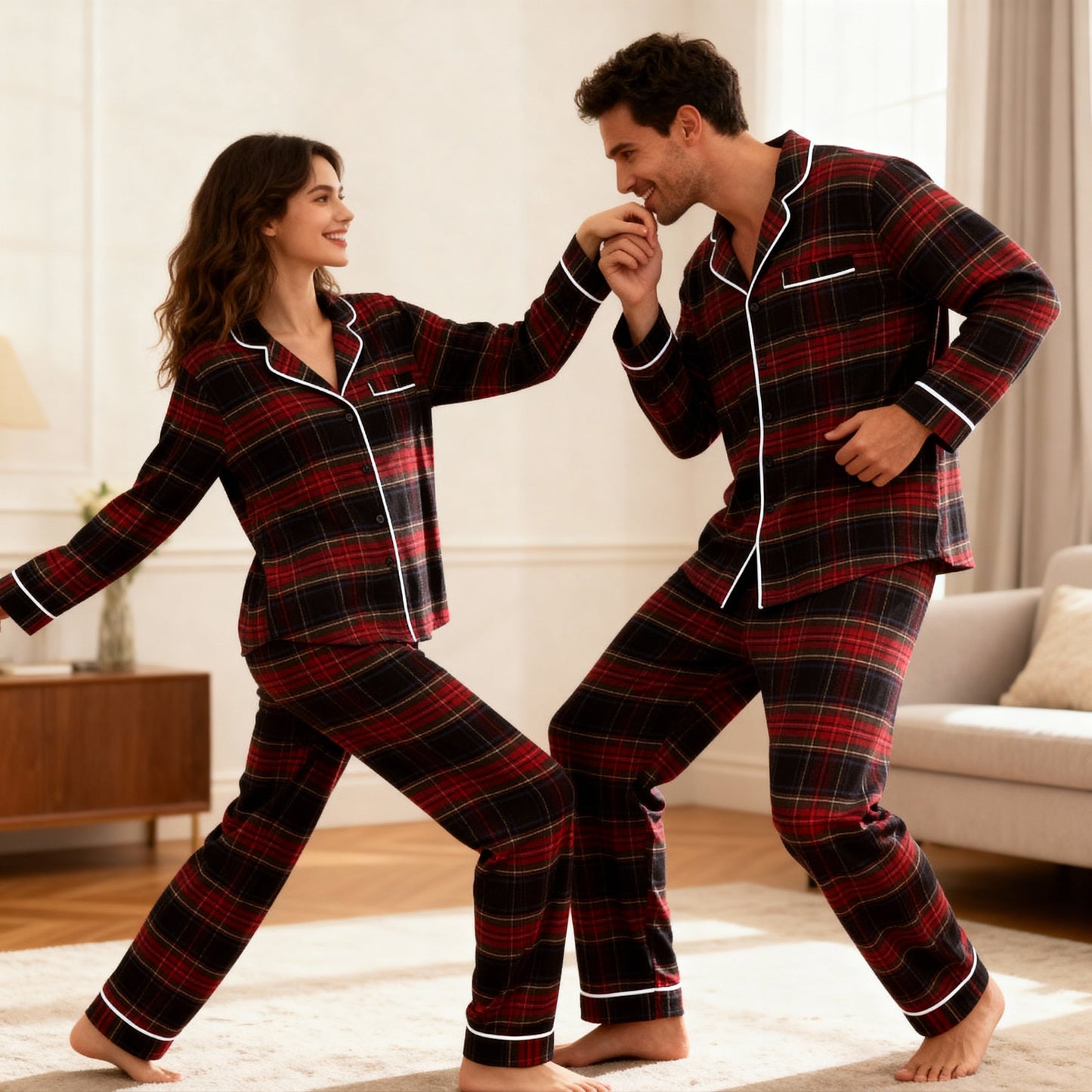 Luvik | Joulu Punainen Ruudullinen Napillinen Perhe Pyjama Setti