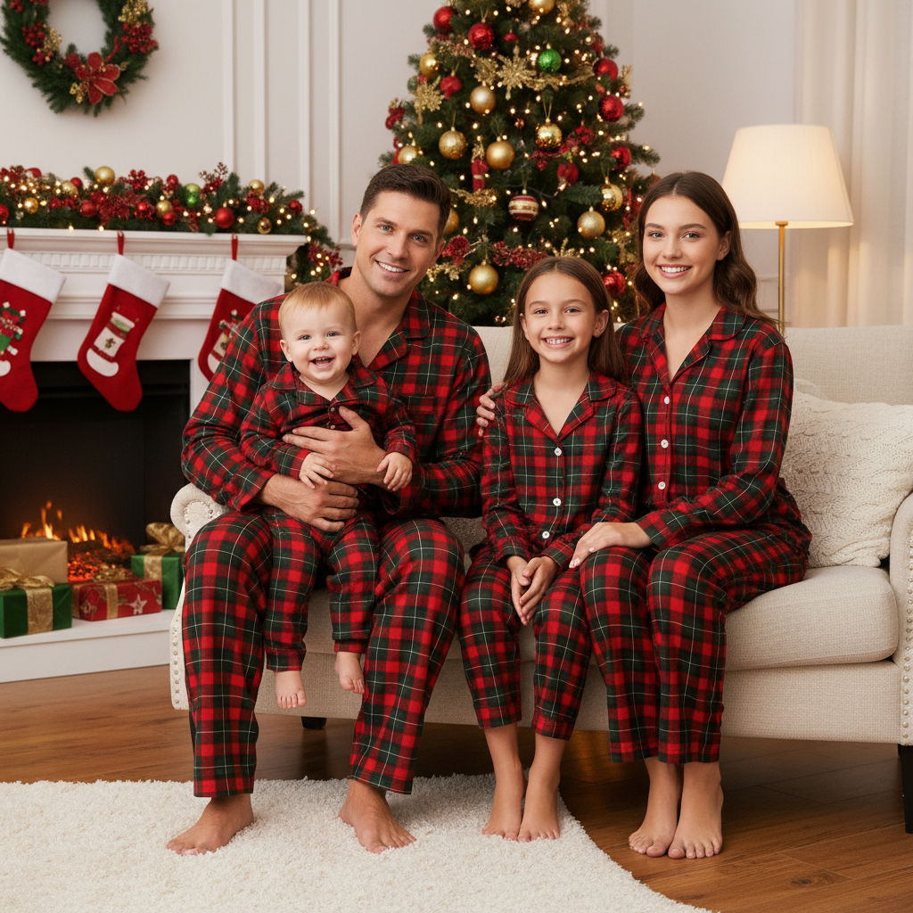 Luvik | Joulun punainen ja vihreä ruudullinen nappisuljenta perhe-iltapuvut