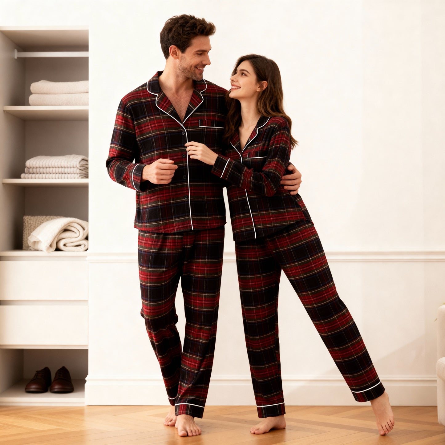 Luvik | Joulu Punainen Ruudullinen Napillinen Perhe Pyjama Setti