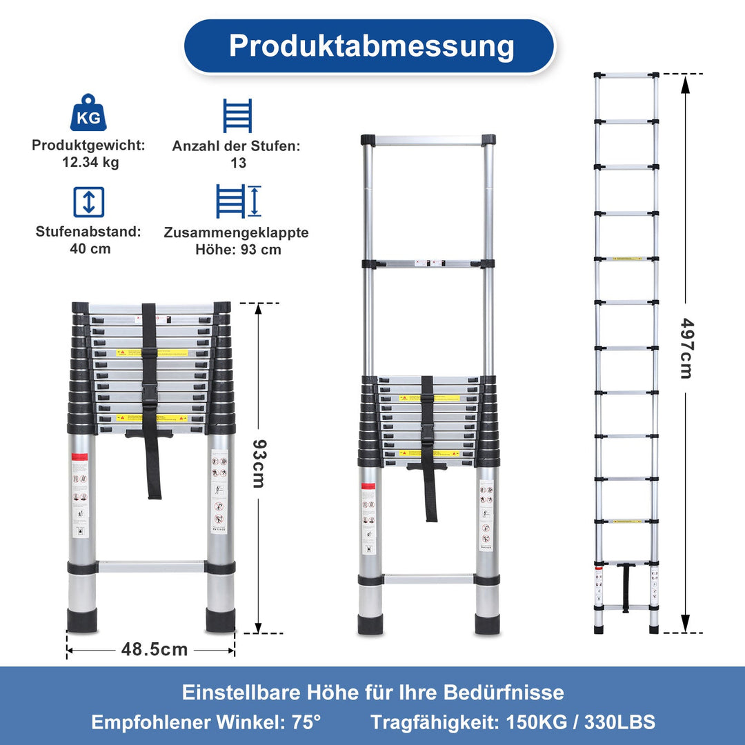 Teleskopisk stige Aluminium Belastningsevne opp til 150kg 2,6m-5m | Luvikno