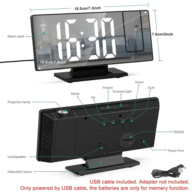 Luvikno | 180° Justerbar LED prosjektionsvekkerklokke – Snus, 12/24H Tid & Temperaturvisning, Speildesign – USB-drevet, Nattmodus & Minnefunksjon
