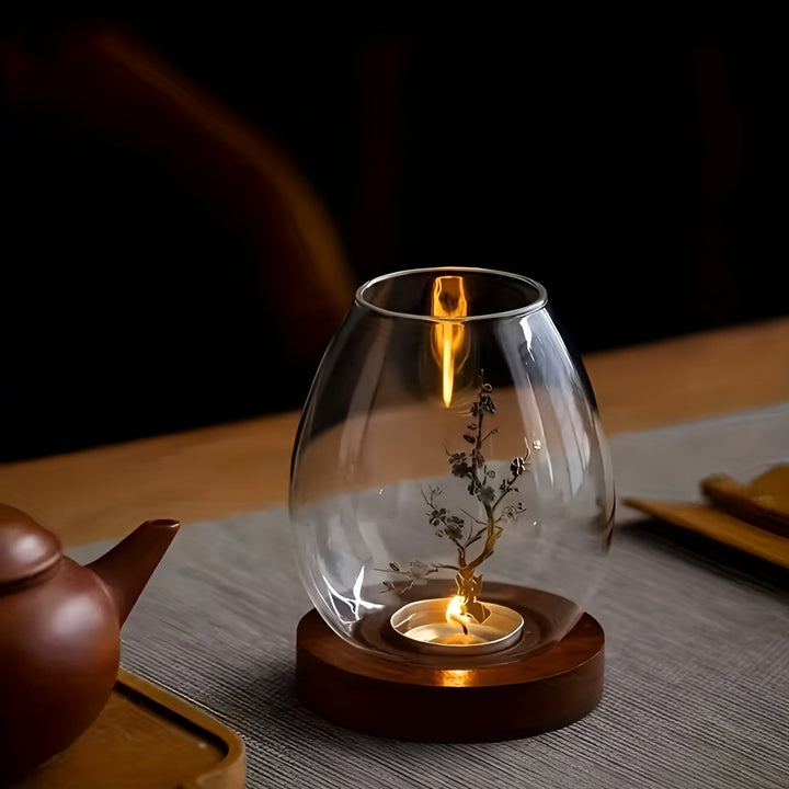 2-delt sett glasskandelholdere med tresokkel - dekorativ i retro zen-stil | perfekt for stue, borddekorasjon og utendørs | Luvikno