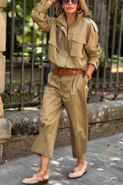 Luvik | Charm Strap Details Tasku Cargo Tyyli Vetoketju Rento Takki