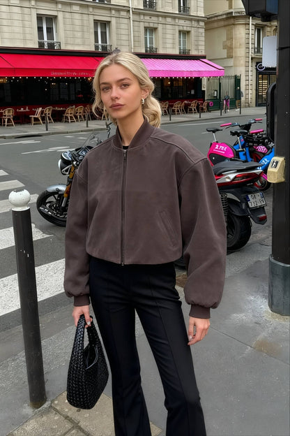 Luvik | Harmaa Nubuck Pilot Stand Collar Vetoketjunjakki