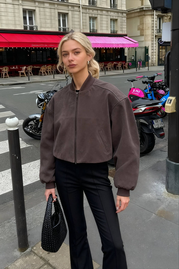 Luvik | Grå Nubuck Pilot Stå Krage Glidelåsjakke