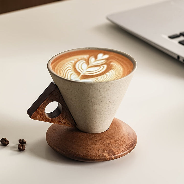 BaristaLuxe Keramisk Kaffeekopp 250ml – Håndlaget med treskaft og fat | Luvikno