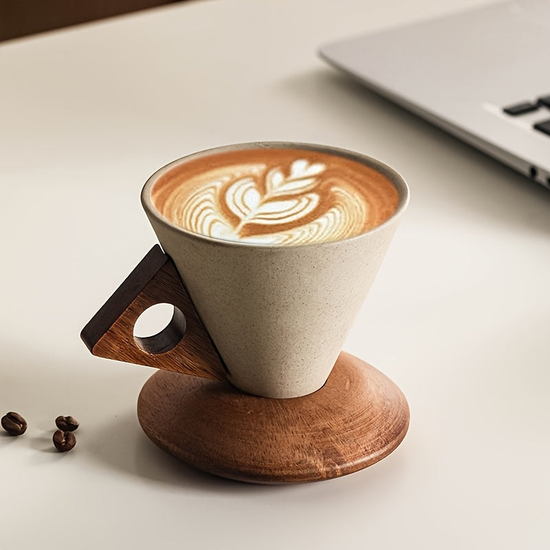 BaristaLuxe Keramisk Kaffekopp 250ml – Håndlaget med Trehåndtak og Underlag | Luvikno