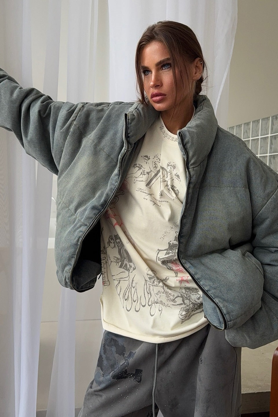 Luvik | Denim Ståkrage Puffer Jakke