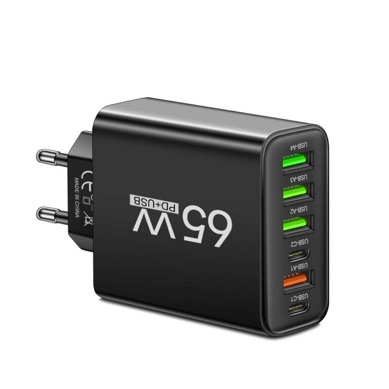 Luvikno | PowerMax 65W 6-i-1 Hurtiglader – Lader opptil 6 enheter samtidig – Ideell for hjem, kontor og reise