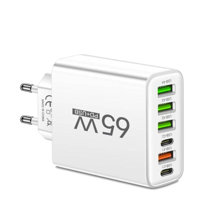 Luvikno | PowerMax 65W 6-i-1 Hurtiglader – Lader opptil 6 enheter samtidig – Ideell for hjem, kontor og reise