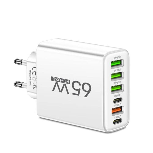 Luvikno | PowerMax 65W 6-i-1 Hurtiglader – Lader opptil 6 enheter samtidig – Ideell for hjem, kontor og reise